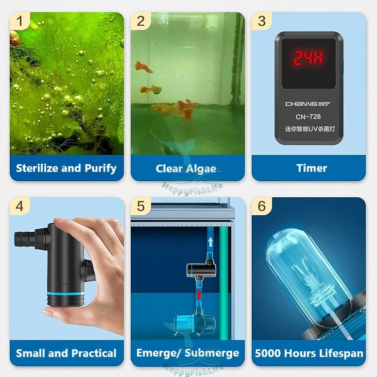 CHANING Aquarium Timer UV Light 5W Algae Remover Clear Water Light Pond Fish Tank Aquarium Submersible HappyFishLife - Image 6
