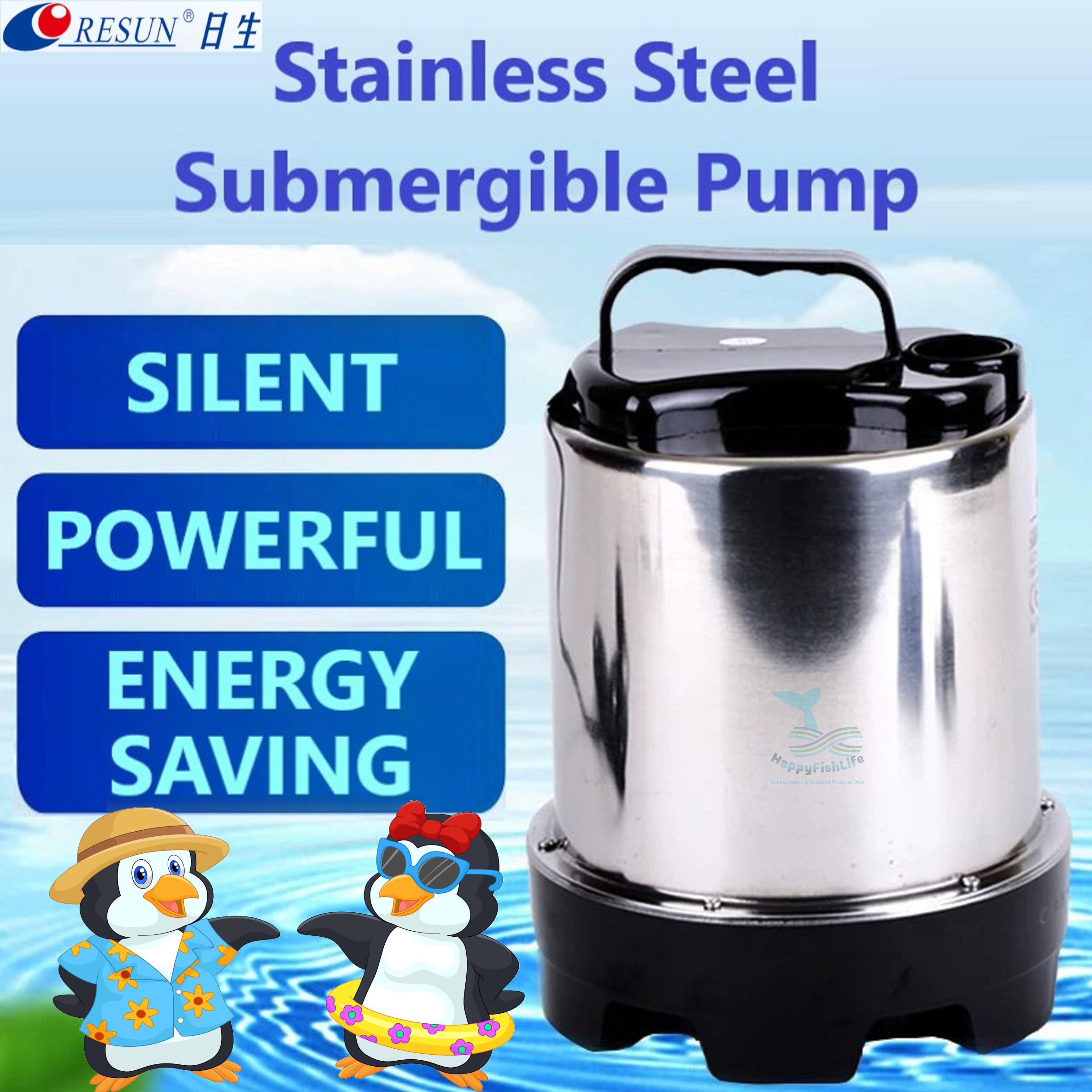 Resun Submersible Pump Stainless Steel Energy Saving Powerful Durable Pam Tenggelam Keluli Anti Karat Tahan Lasak Jimat Letrik Kuasa Kuat Penguin 2400 3200 4500 8500 Fish Pond Aquarium230W 8500L outdoor Koi Fish Pond HappyFishLife